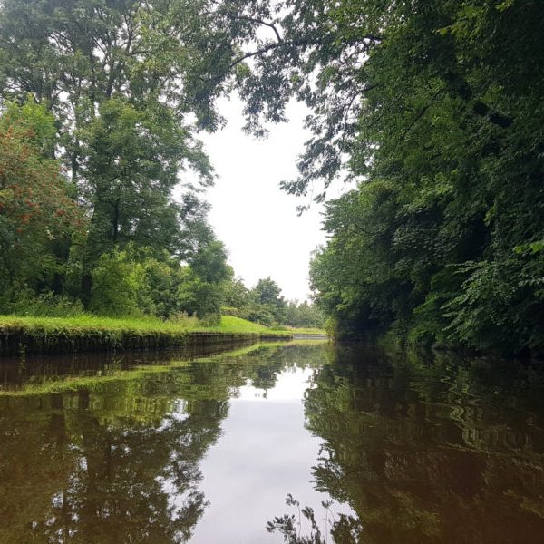 view from the middle of the canal next to rolls royce bankfield